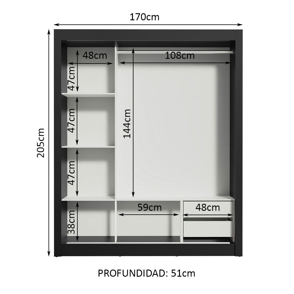 Placard Matrimonial Lyon 3 Puertas Corredizas con Espejos 2 Cajones Negro/Blanco