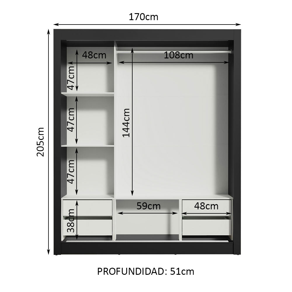 Placard Matrimonial Lyon Plus 3 Puertas Corredizas con Espejos 4 Cajones Negro/Blanco