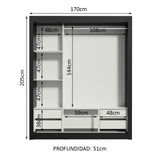 Placard Matrimonial Lyon Plus 3 Puertas Corredizas con Espejos 4 Cajones Negro/Blanco