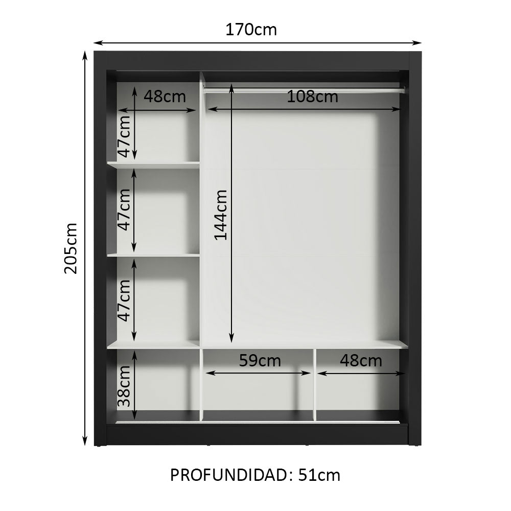 Placard Matrimonial 3 Puertas Corredizas con Espejo Negro/Gris Monaco