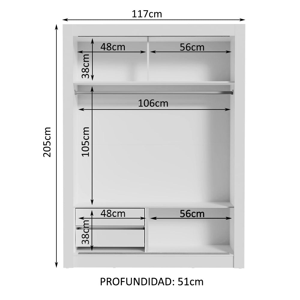 Placard Soltero Dallas 2 Puertas Corredizas con Espejo 2 Cajones Blanco