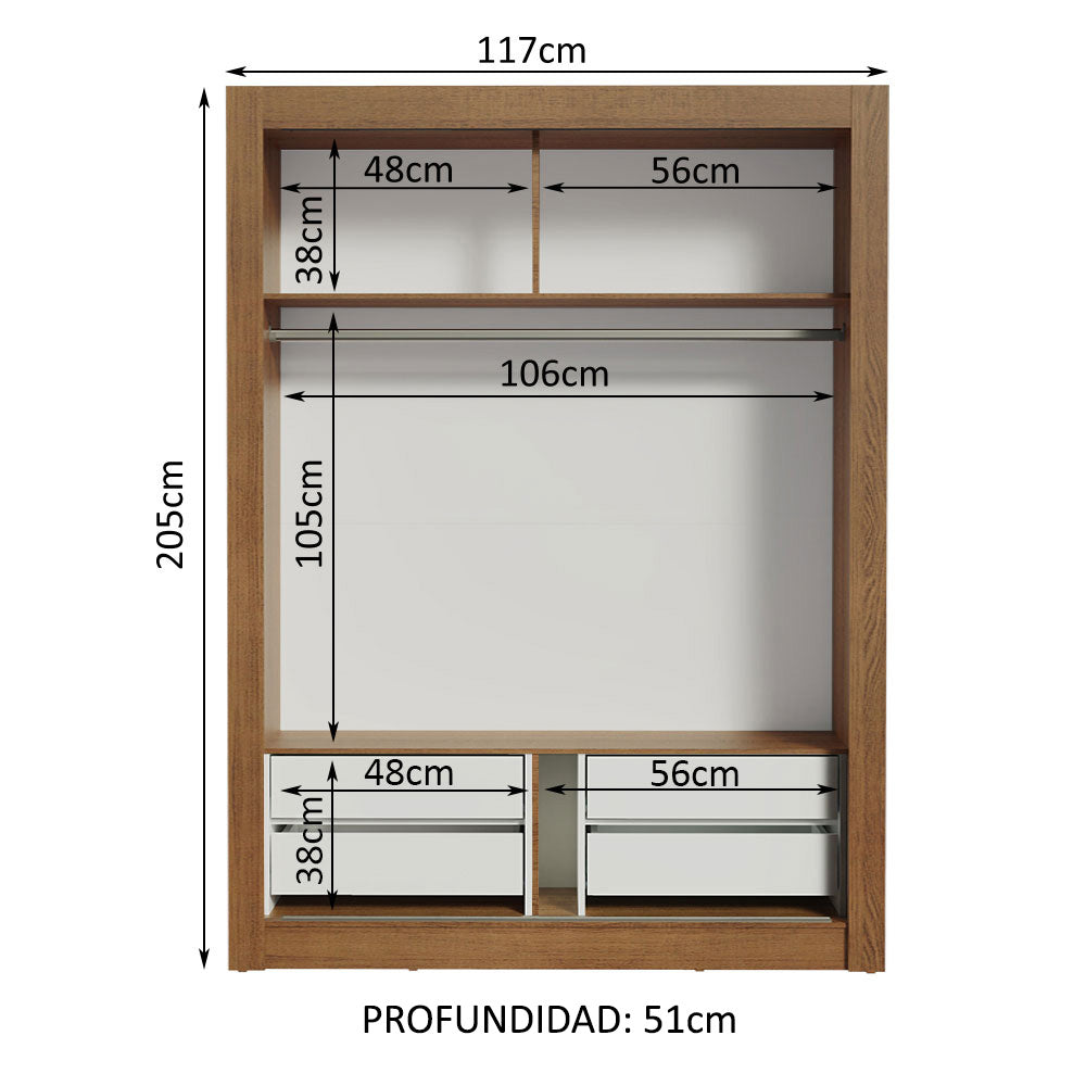 Placard Soltero 2 Puertas Corredizas con Espejo 4 Cajones Marrón Dallas Plus