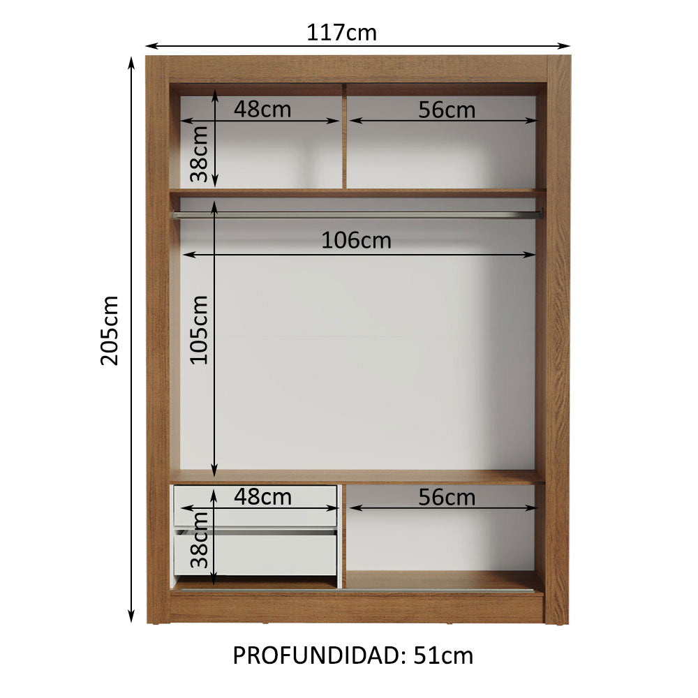 Placard Soltero 2 Puertas Corredizas con Espejo 2 Cajones Marrón/Blanco Dallas