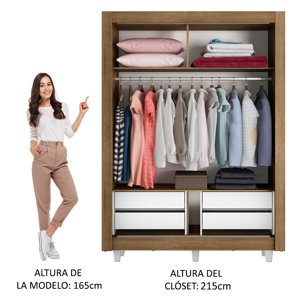 Placard Soltero 2 Puertas Corredizas con Espejo 4 Cajones con Patas Marrón/Blanco Dallas Plus