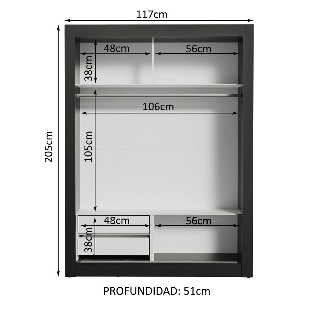 Placard Soltero Dallas 2 Puertas Corredizas con Espejo 2 Cajones Negro/Blanco