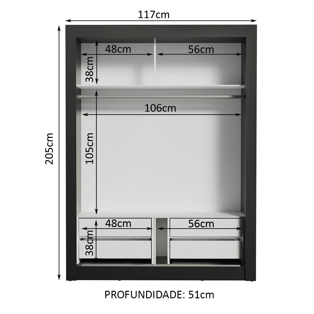 Placard Soltero Dallas Plus 2 Puertas Corredizas de Espejo 4 Cajones Negro