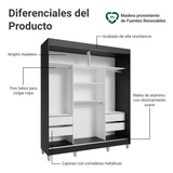 Placard Matrimonial con Patas 180 cm 3 Puertas con Espejos Reno Negro/Blanco