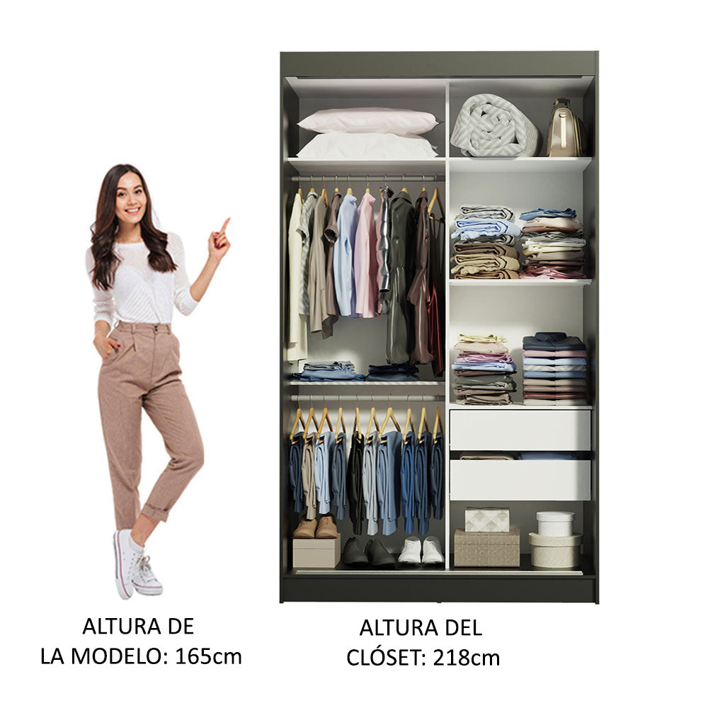 Placard Ropero Solteiro Madesa Tokio 2 Puertas Corredizas de Espejo 2 Cajones Negro/Blanco