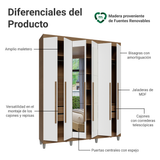 Placard Matrimonial con Patas 6 Puertas Batientes con Espejo Venus Marrón/Blanco/Marrón