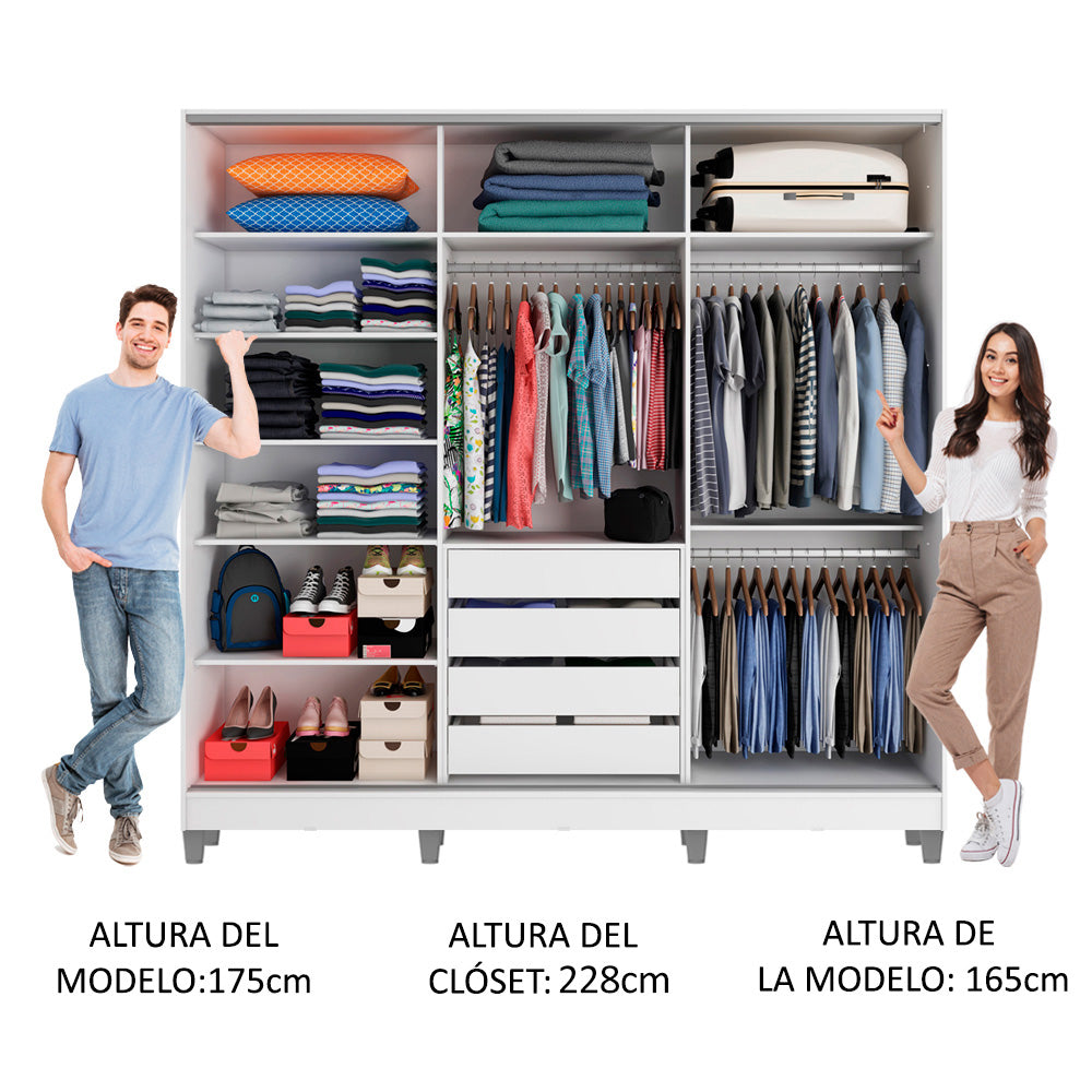 Placard Matrimonial 100% MDF Eros 3 Puertas Corredizas con Espejo con Patas Blanco