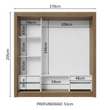 Placard Matrimonial 3 Puertas Corredizas 4 Cajones Blanco/Gris Sublime Plus