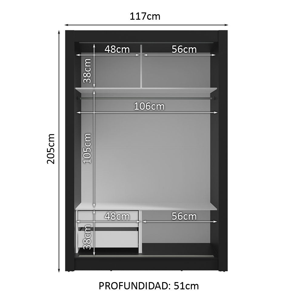 Placard 2 Puertas Corredizas con Espejo 2 Cajones Negro Vivare