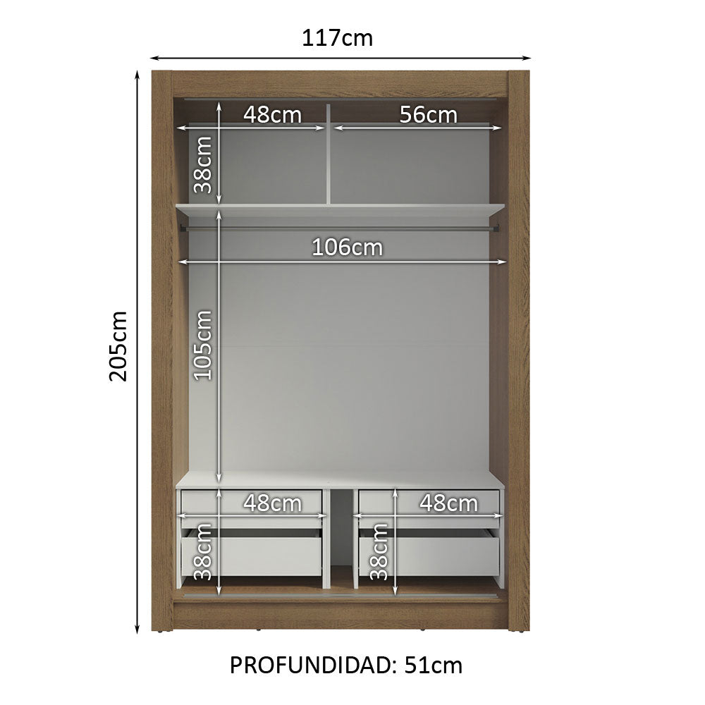 Placard Soltero 2 Puertas Corredizas con Espejo 4 Cajones Marrón/Gris Vivare Plus