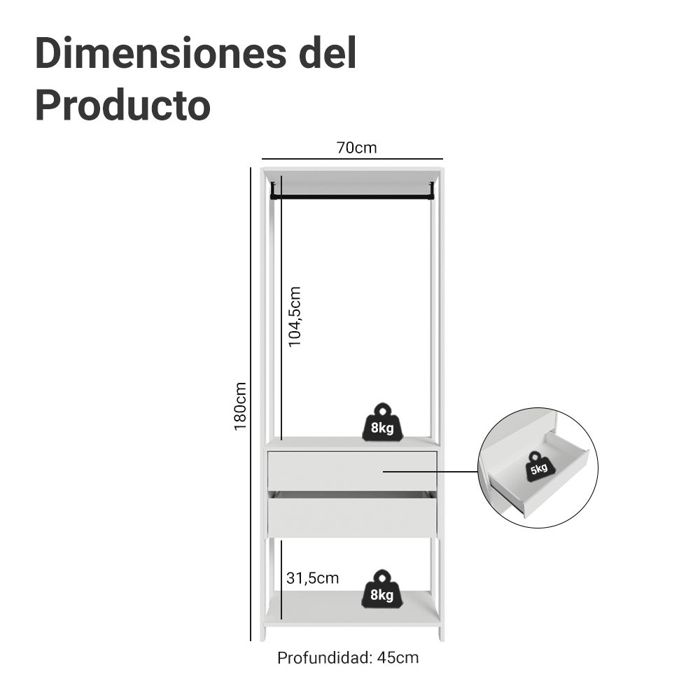 Placard Abierto Madesa Valencia 2 Cajones 0.70 m x 1.80 m Blanco