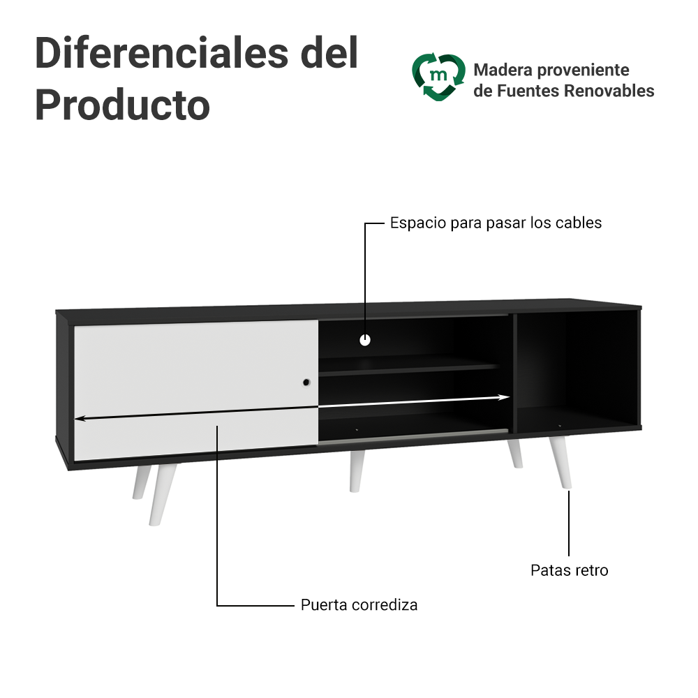Rack Madesa Dubai para TV hasta 65 Pulgadas con Patas Negro/Blanco 7709