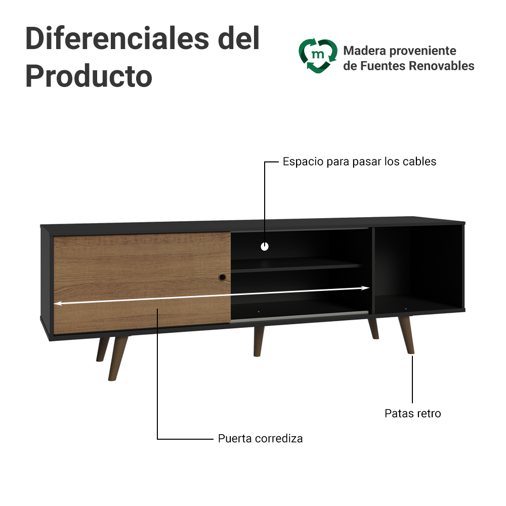 Rack Madesa Dubai para TV hasta 65 Pulgadas con Patas Negro/Marrón D85Z