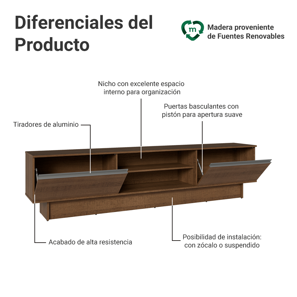 Rack para TV hasta 80 Pulgadas 218 cm 2 Puertas Marrón Glamy Madesa