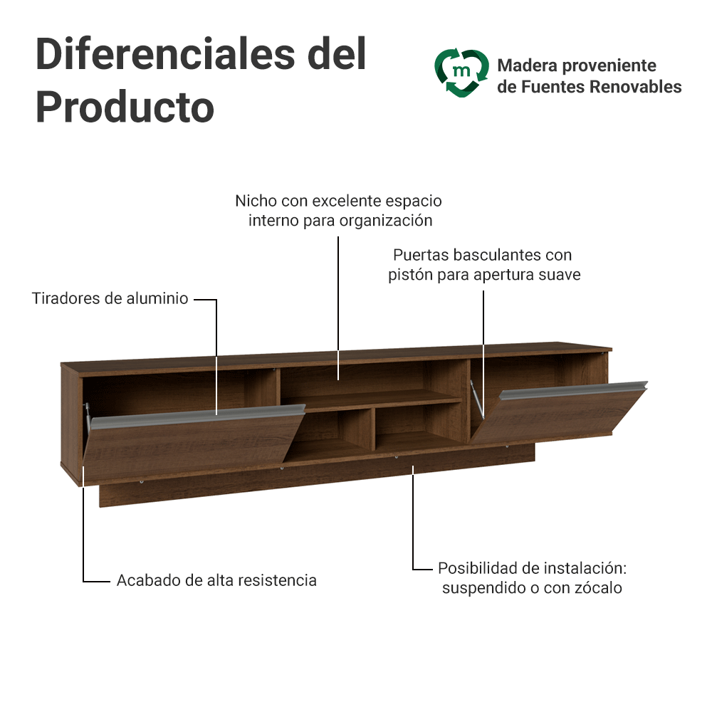 Rack Flotante para TV hasta 80 Pulgadas 218 cm 2 Puertas Marrón Glamy Madesa