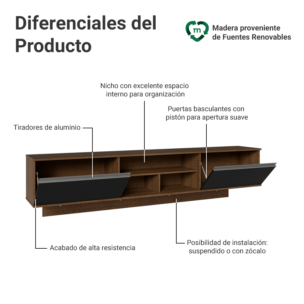 Rack Flotante para TV hasta 80 Pulgadas 218 cm 2 Puertas Marrón/Negro Glamy Madesa