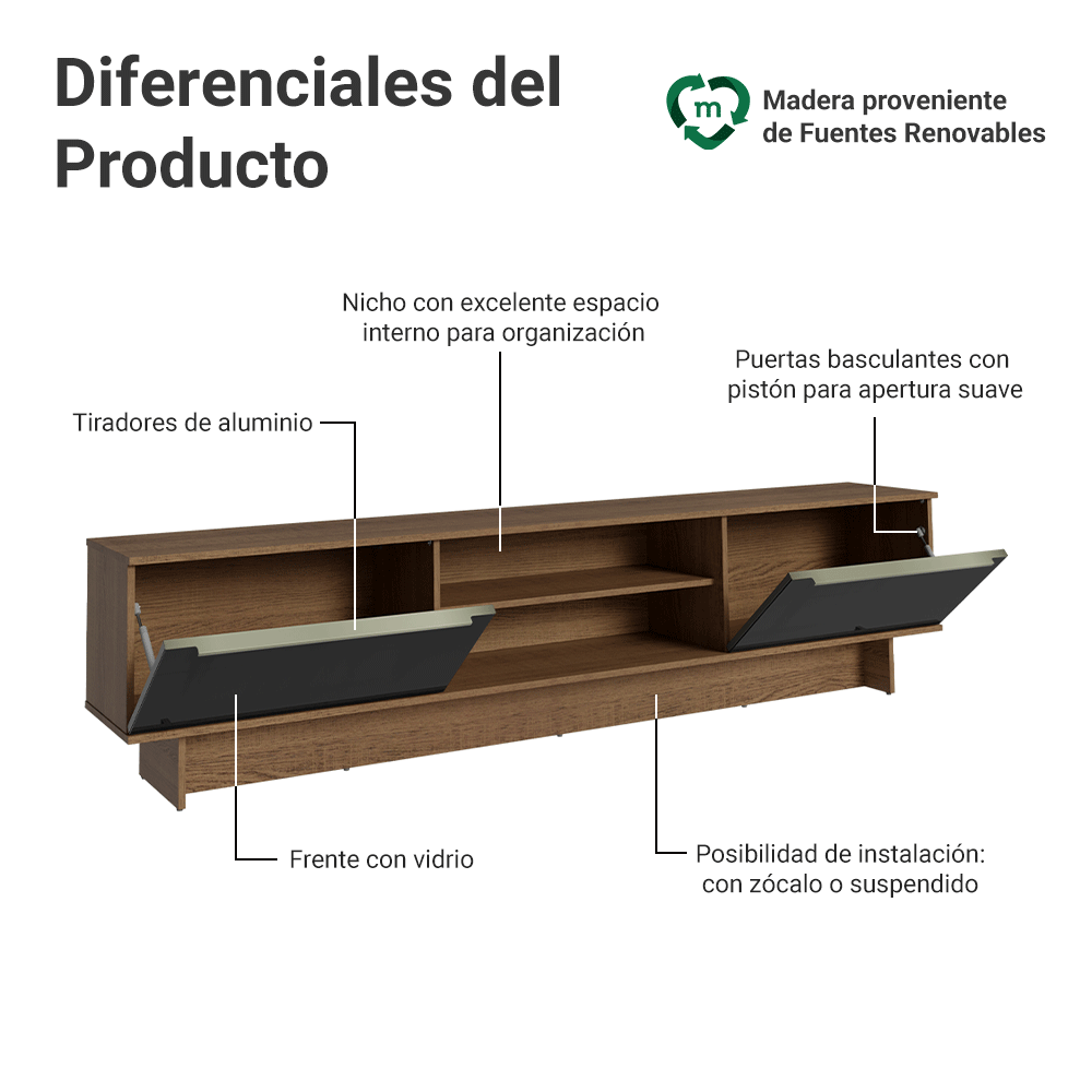 Rack para TV hasta 80 Pulgadas 218 cm 2 Puertas Marrón/Negro Lux Madesa