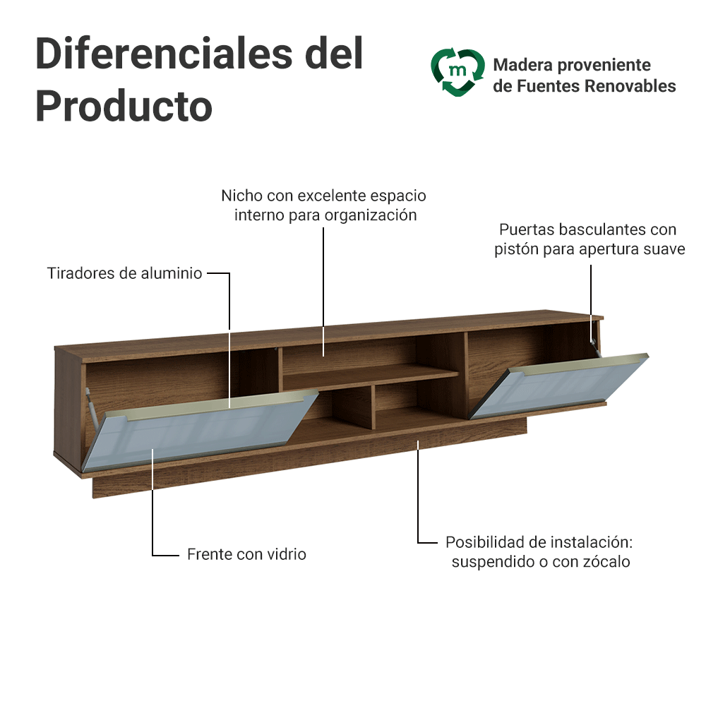Rack Flotante para TV hasta 80 Pulgadas 218 cm 2 Puertas Marrón/Gris Lux Madesa