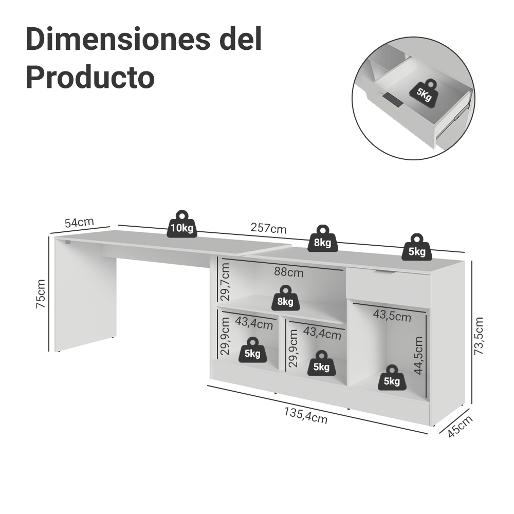 Escritorio Esquinero 300 cm Blanco Roma Madesa