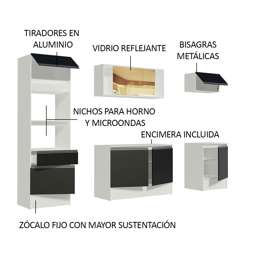 Combo Completo de Cocina 240 cm Blanco/Negro Diamante Madesa
