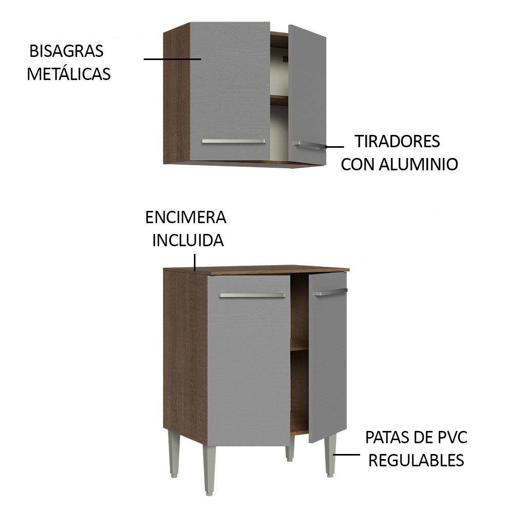 Kit Alacena y Bajo Mesada 64 cm 4 Puertas Marrón/Gris Emilly Madesa