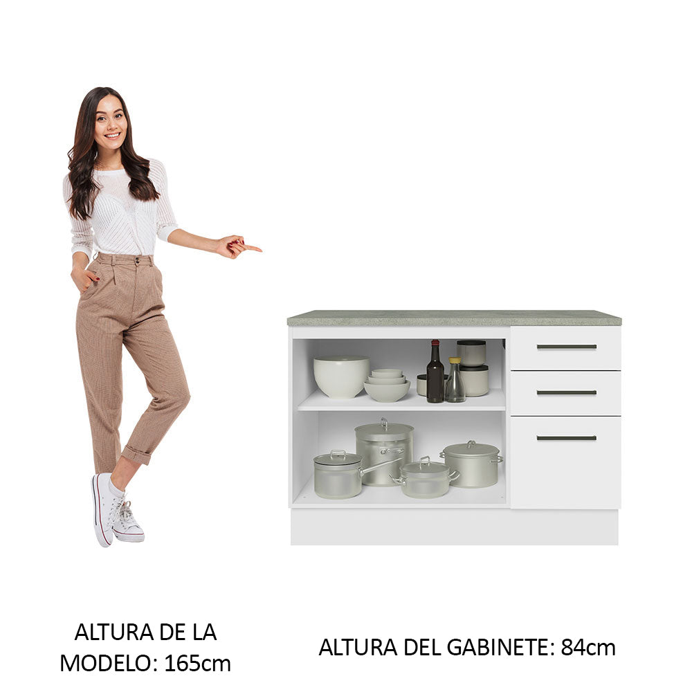 Bajo Mesada Cocina 120 cm x 60 cm, 3 Cajones 2 Puertas Agata Blanco