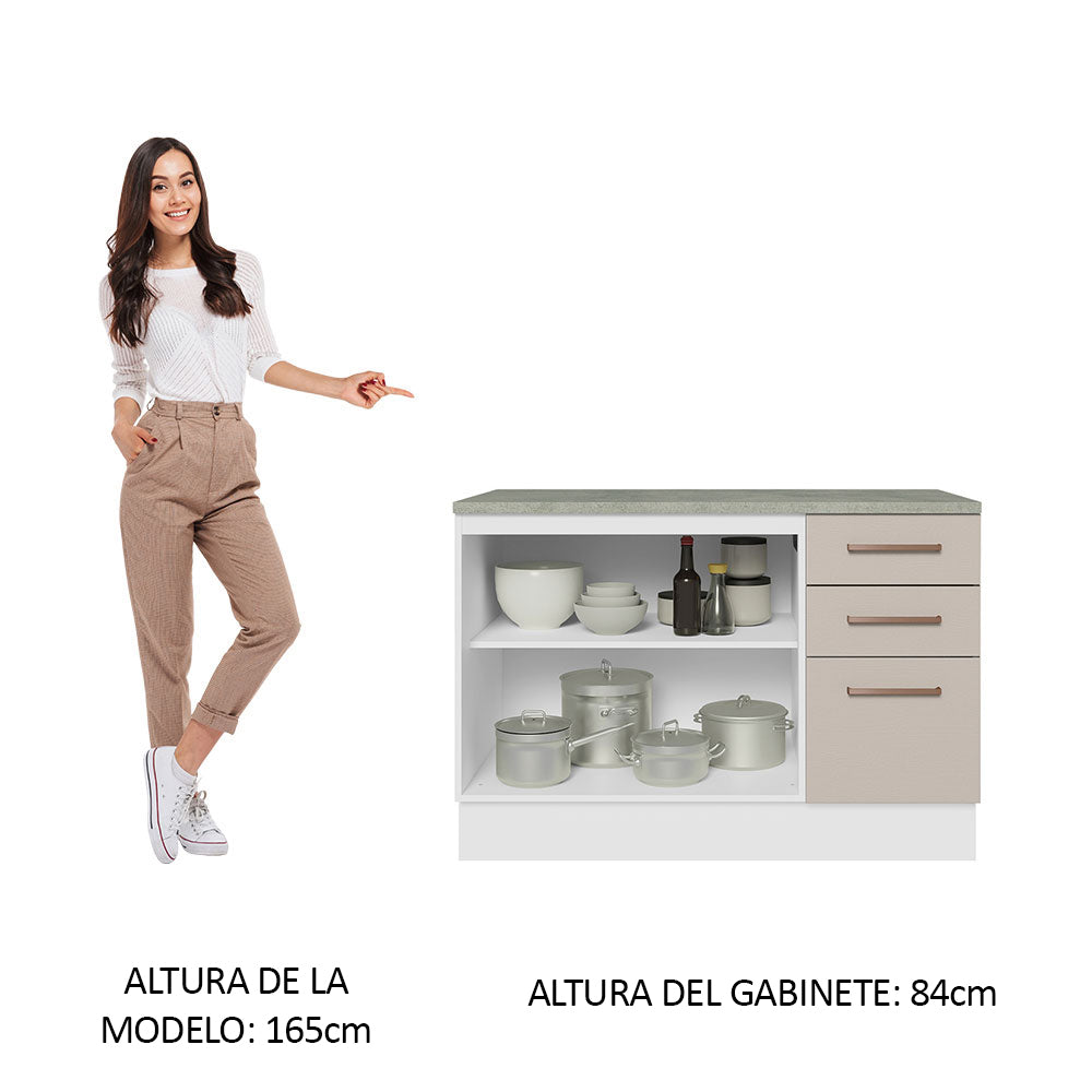 Bajo Mesada Cocina 120 cm x 60 cm, 3 Cajones 2 Puertas Agata Blanco/Crema