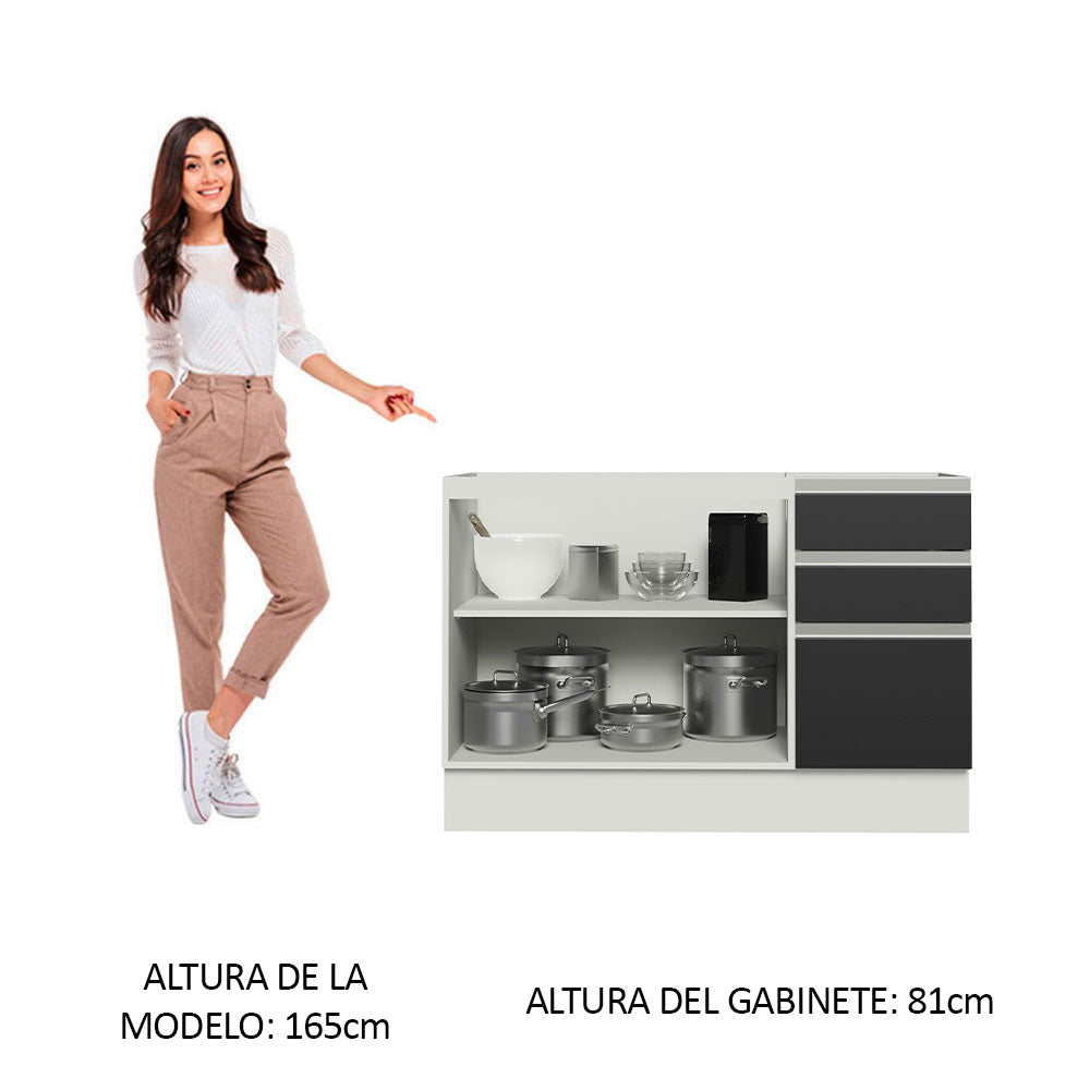 Bajo Mesada Cocina 120 x 60 cm 2 Puertas e 3 Cajones (Sin Mesada) Blanco/Negro Glamy Madesa