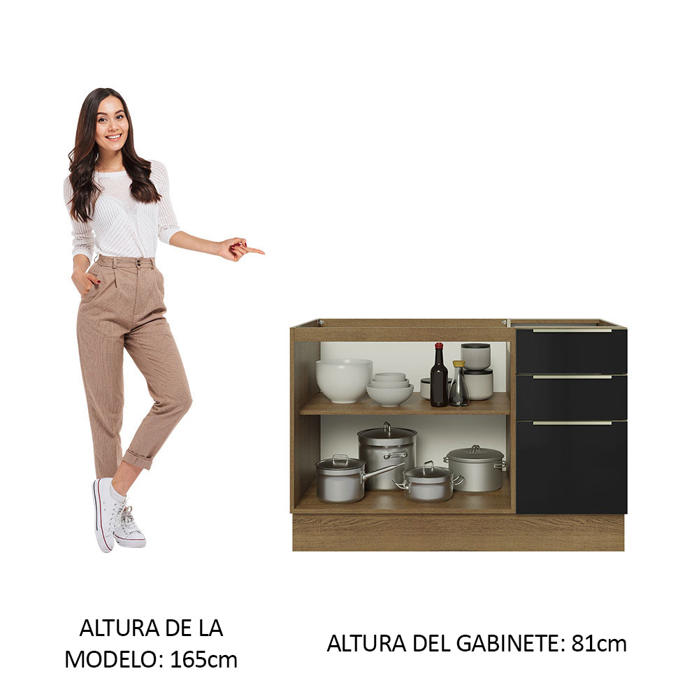Bajo Mesada Cocina 120 cm x 60 cm, 3 Cajones 2 Puertas Lux Marrón/Negro