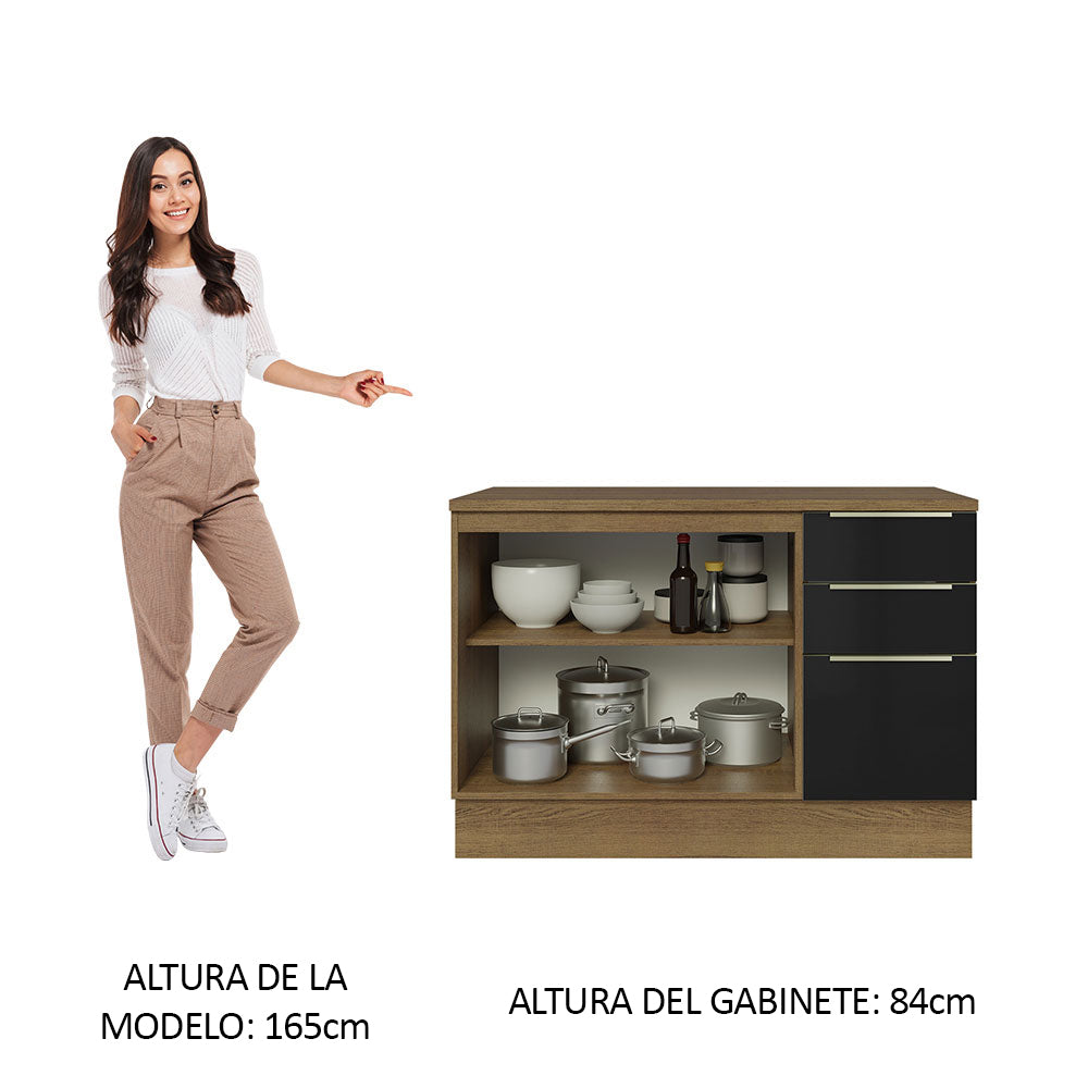 Bajo Mesada Cocina 120 cm x 60 cm, 3 Cajones 2 Puertas Lux Marrón/Negro
