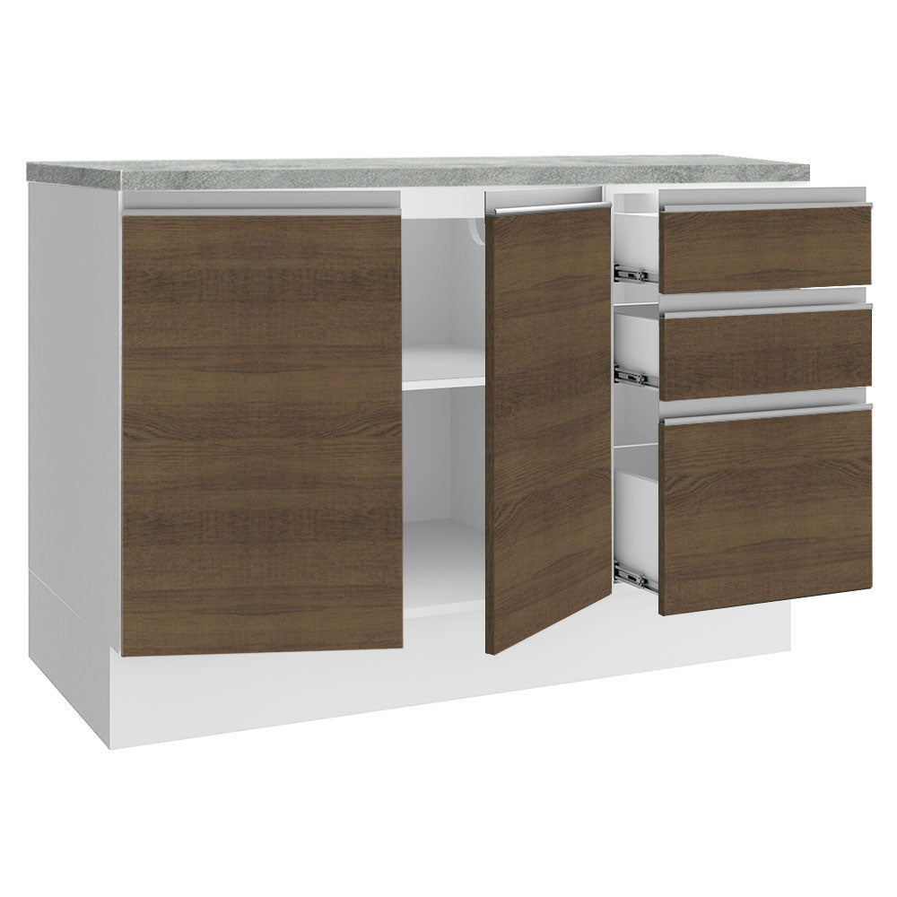 Bajo Mesada Cocina 120 x 60 cm 2 Puertas e 3 Cajones (Con Mesada) Blanco/Marrón Glamy Madesa