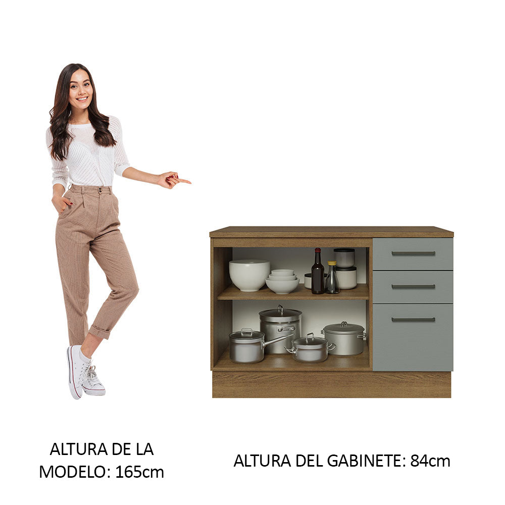 Bajo Mesada Cocina 120 cm x 60 cm, 3 Cajones 2 Puertas con Mesada Agata Marrón/Gris