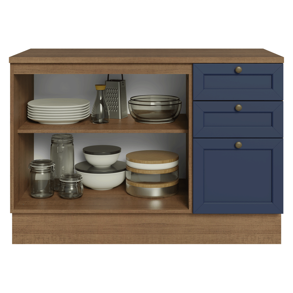 Bajo Mesada de Cocina 120 x 60 cm 2 Puertas 3 Cajones (con Mesada) Marrón/Azul Vik Madesa