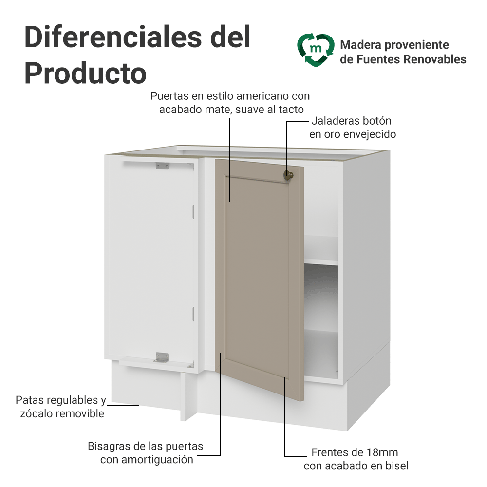 Bajo Mesada Esquinero para Línea de 60 cm Profundidad (Sin Mesada) Blanco/Crema Vik Madesa
