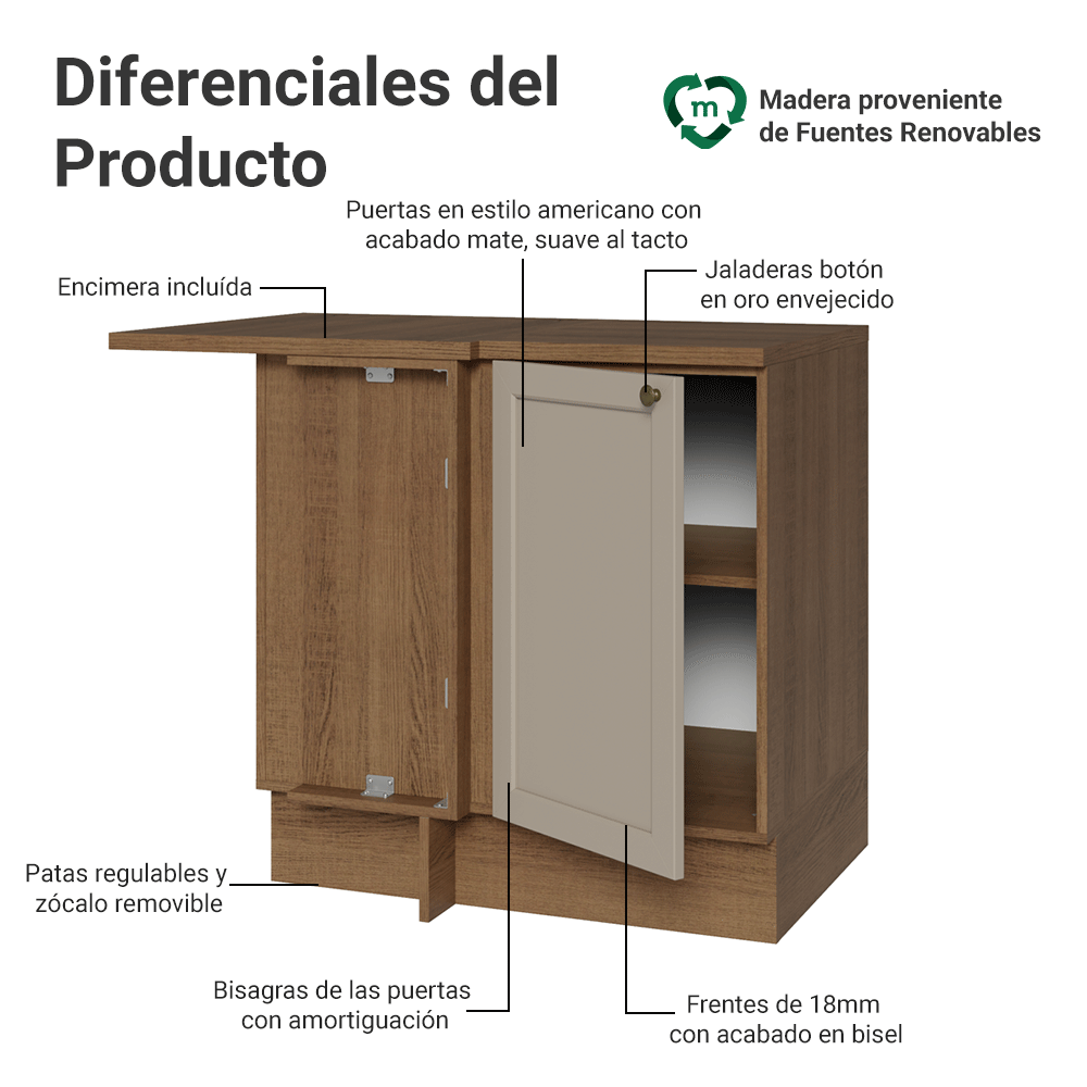 Bajo Mesada Esquinero para Línea de 60 cm Profundidad (Con Mesada) Marrón/Crema Vik Madesa