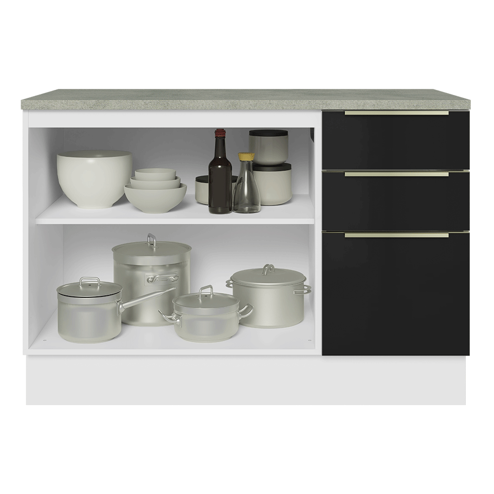 Bajo Mesada de Cocina 120 cm 2 Puetas 3 Cajones (Con Mesada) Blanco/Negro Lux Madesa