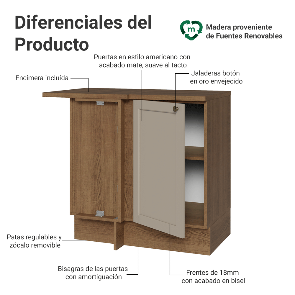 Bajo Mesada Esquinero 1 Pueta Marrón/Crema Vik Madesa