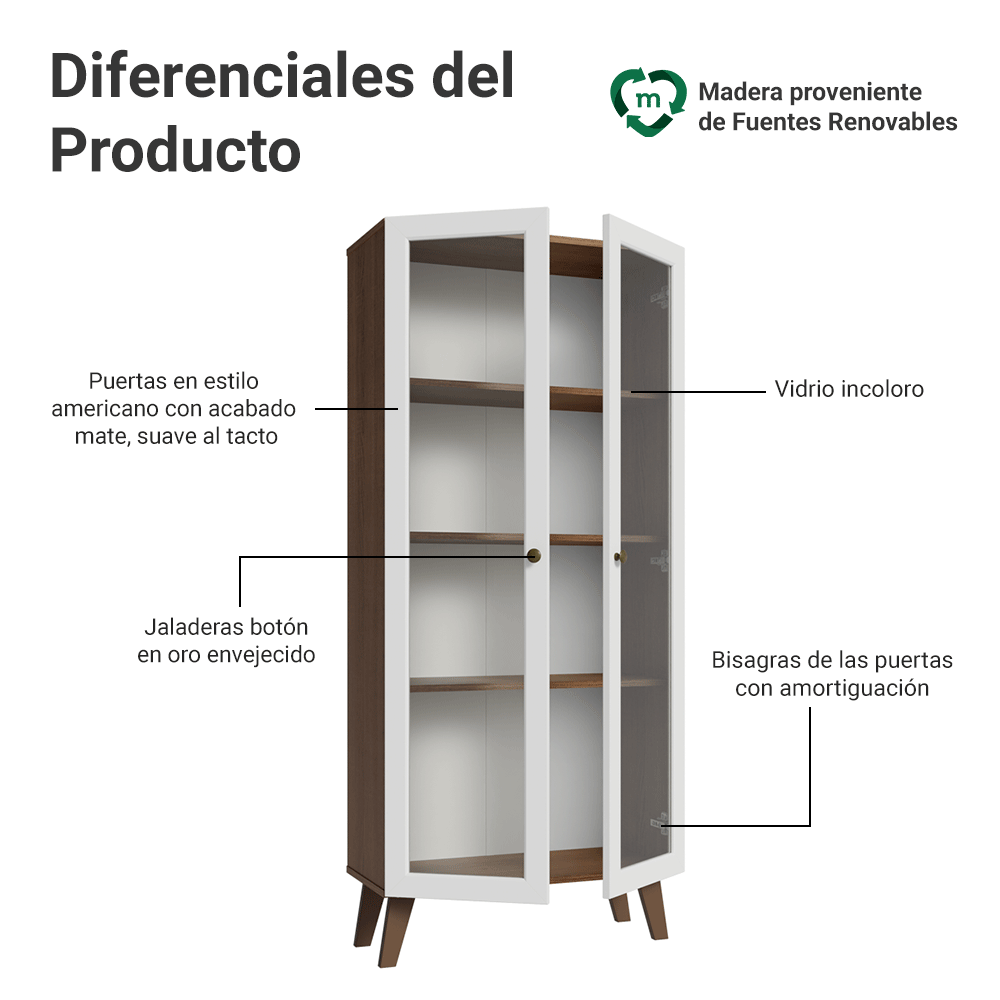 Cristalero 70 cm 2 Puertas de Vidrio con Patas Trapecio Vik Marrón/Blanco/Marrón