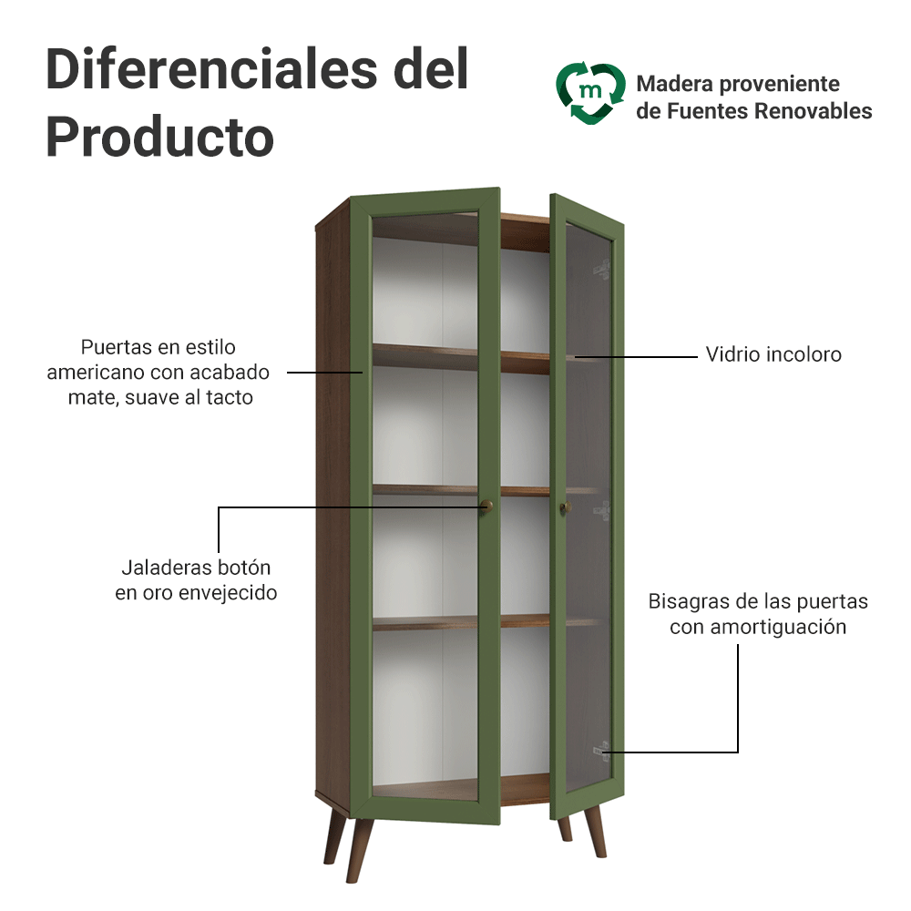 Cristalero 70 cm 2 Puertas de Vidrio con Patas Vik Marrón/Verde/Marrón