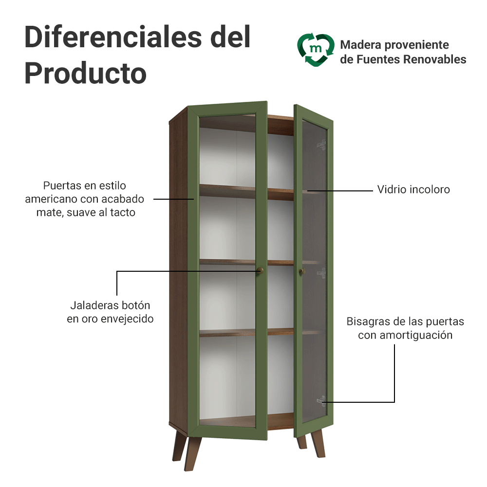 Cristalero 70 cm 2 Puertas de Vidrio con Patas Trapecio Vik Marrón/Verde/Marrón