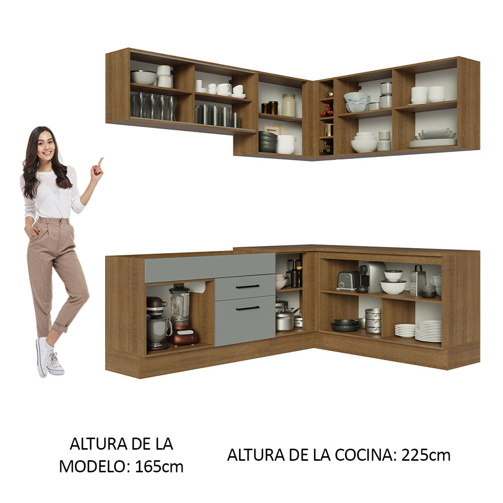 Combo completo de Cocina Esquinera 389 cm 9 Puertas 2 Cajones Sin Mesada Marrón/Gris Agata Madesa