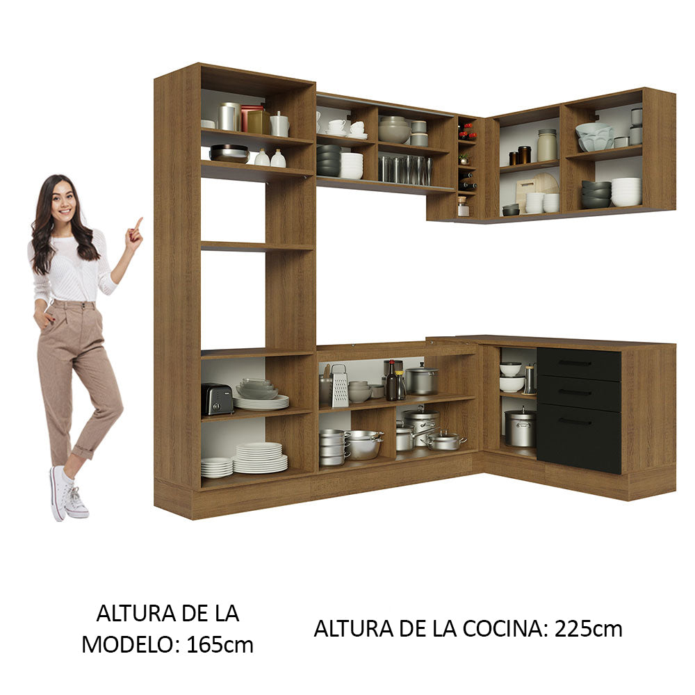 Combo completo de Cocina Esquinera 399 cm 10 Puertas 3 Cajones Sin Mesada Marrón/Negro Agata Madesa