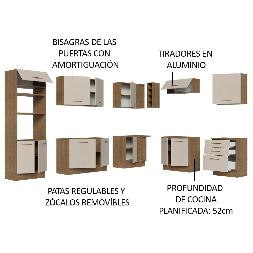 Combo completo de Cocina Esquinera 479 cm 13 Puertas 3 Cajones Sin Mesada Marrón/Crema Agata Madesa
