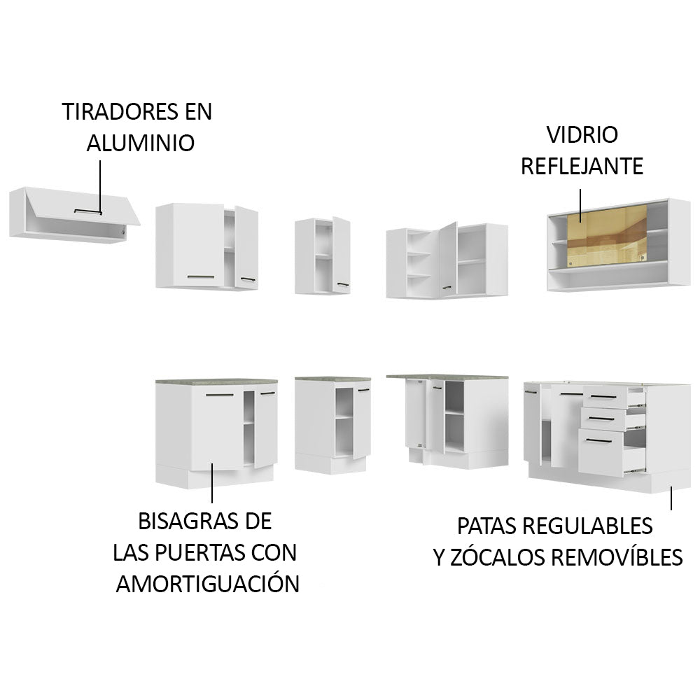 Combo completo de Cocina Esquinera 486 cm 13 Puertas 3 Cajones Sin Mesada Blanco Agata Madesa