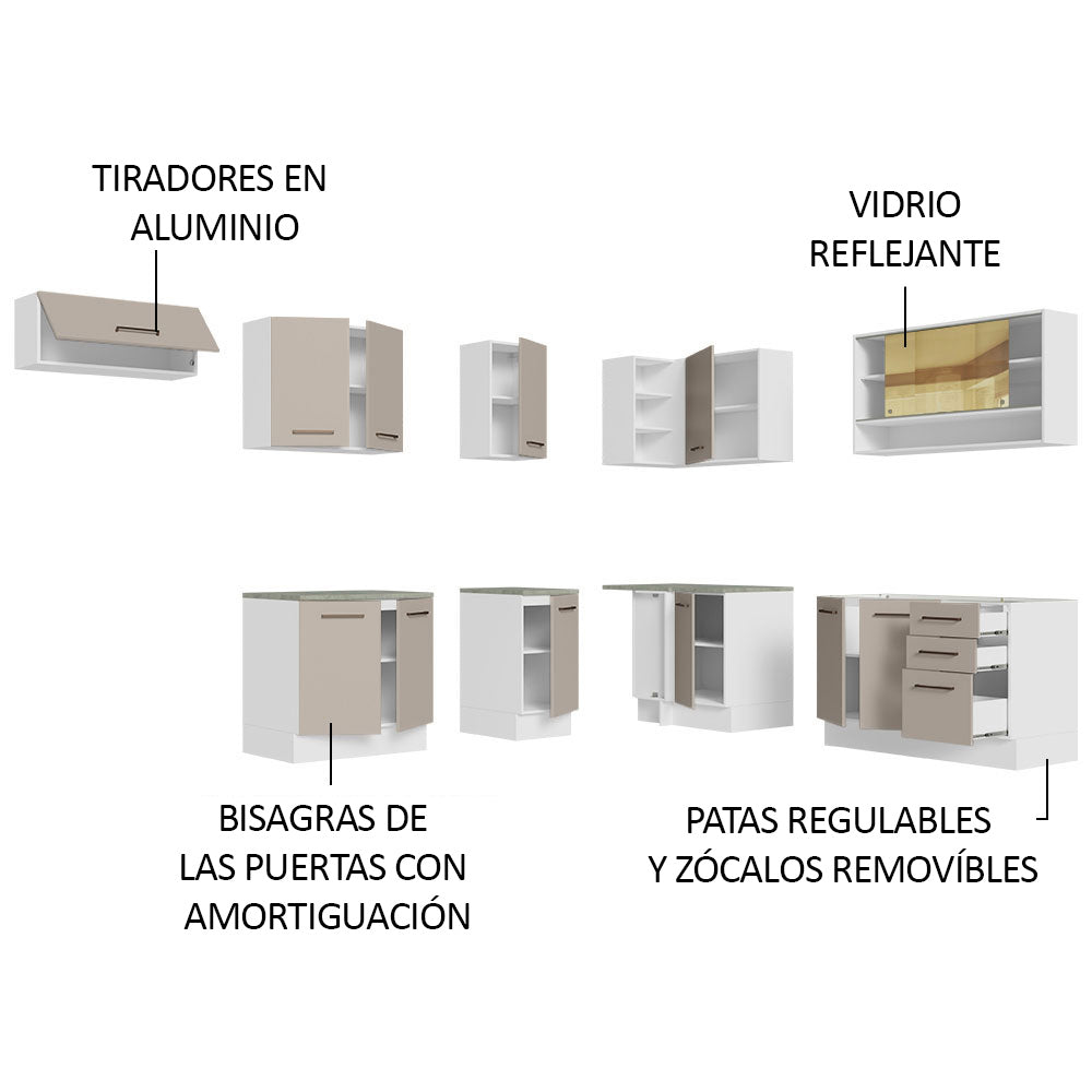 Combo completo de Cocina Esquinera 486 cm 13 Puertas 3 Cajones Sin Mesada Blanco/Crema Agata Madesa