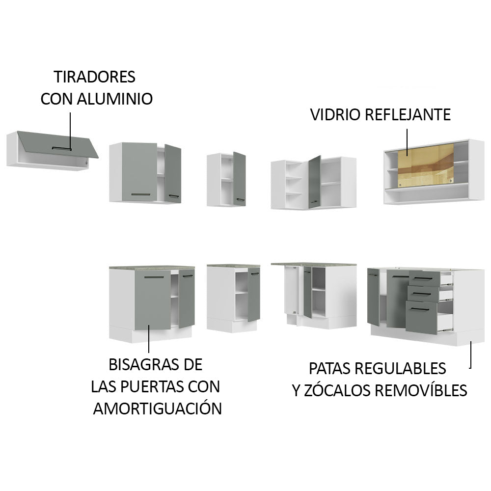 Combo completo de Cocina Esquinera 486 cm 13 Puertas 3 Cajones Sin Mesada Blanco/Gris Agata Madesa