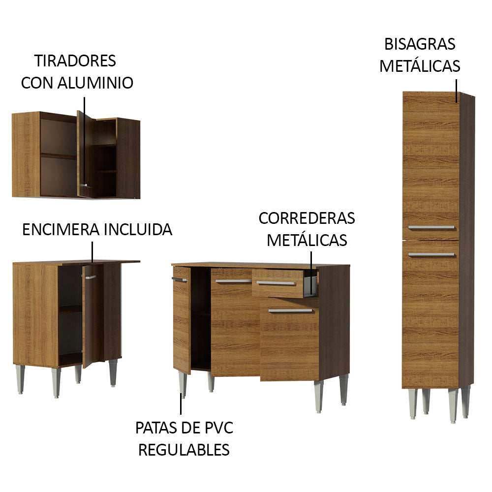 Combo completo de Cocina Esquinera 261 cm 7 Puertas 1 Cajón Marrón Emilly Madesa